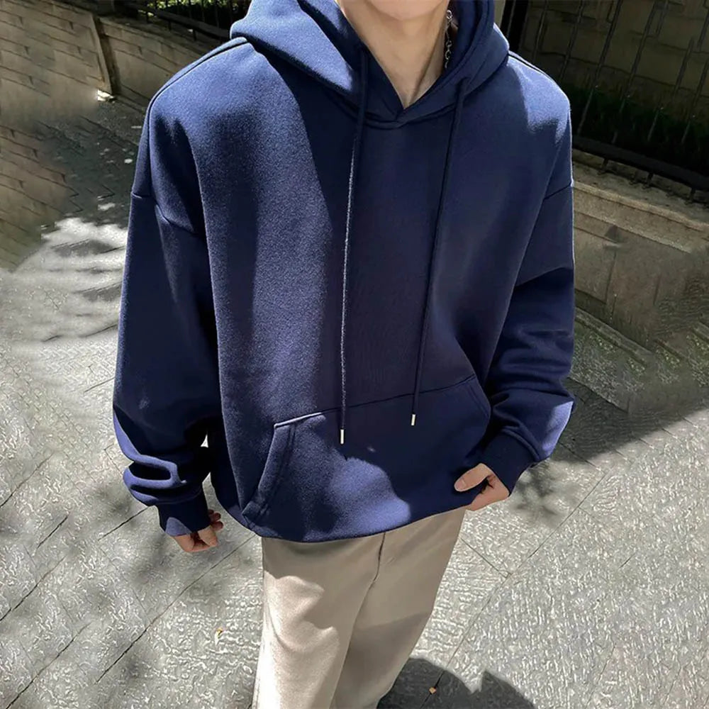 Threebooy  Autumn New Male Solid Color Long-Sleeved Hooded Sweatshirt American Retro Fashion Trend High Street Loose Casual Men's Tops