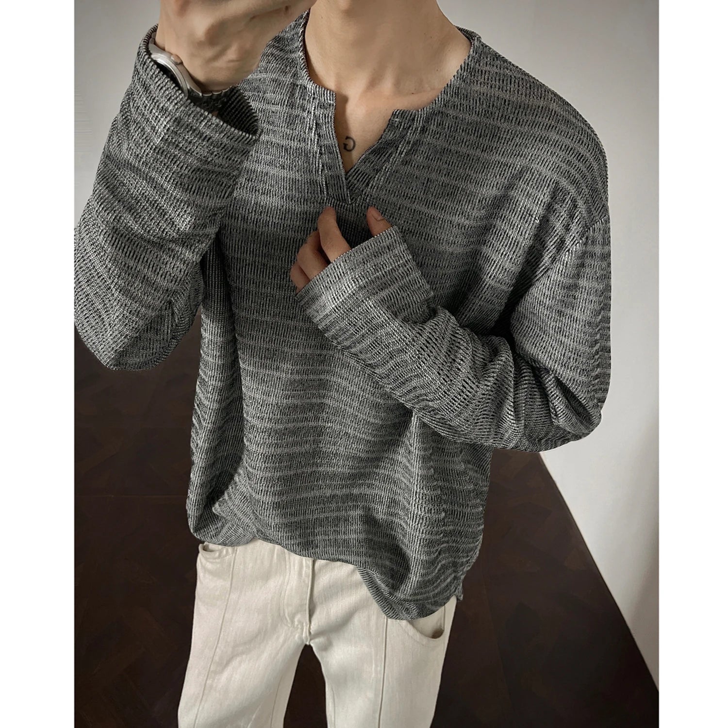 Threebooy 2025 New Fall Mens Long Sleeve Tshirt Soft Comfortable Casual Knitted Shirt V Neck Top Fashion Mens Clothing Teen Boys Clothing