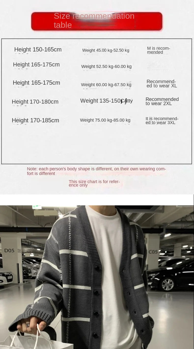 Threebooy Trendy Cardigan Men's Korean Version British Checkered Striped Sweater Men's V-neck Sweater Jacket