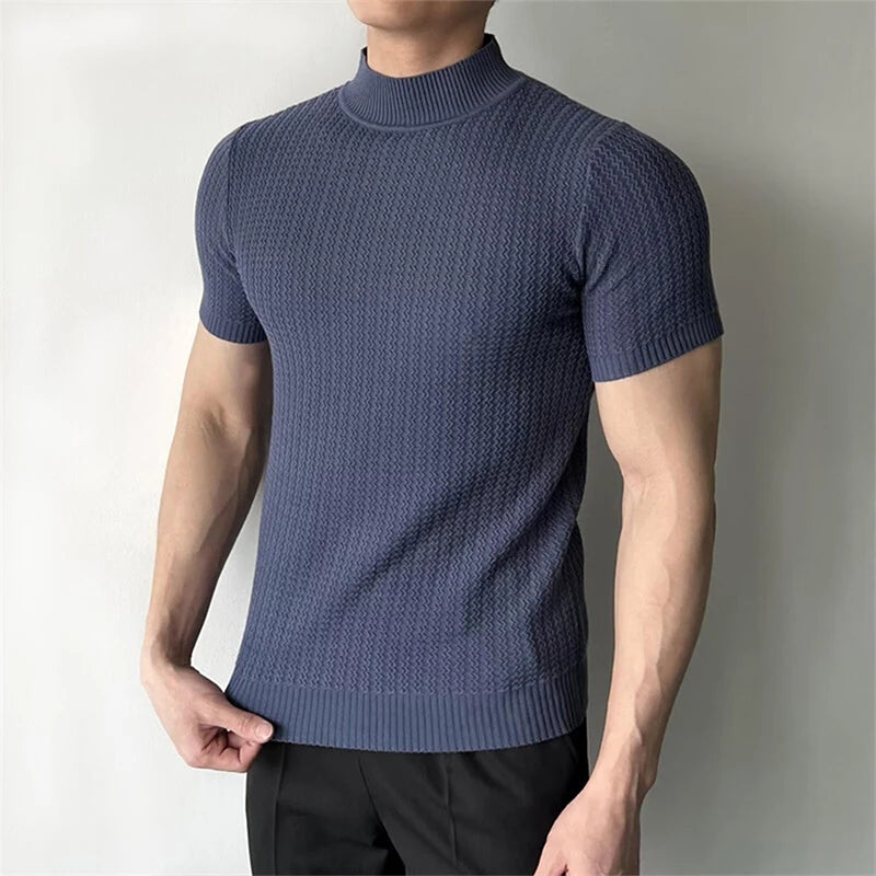 Threebooy  Men's Clothing Fashion Jacquarded Tops Luxury High Quality Knit O Neck Short-sleeved T-shirt Leisure Popular Retro Slim Knitwear