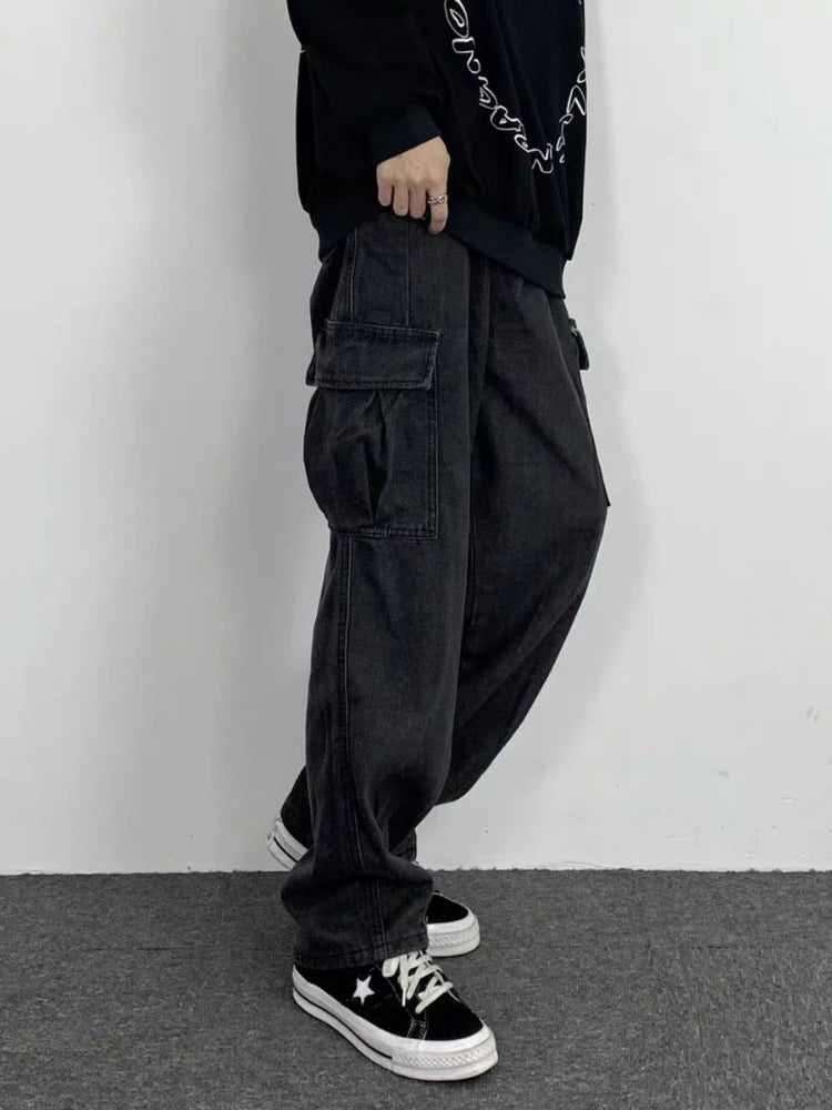 Threebooy Dark Straight Jeans Men's Korean Autumn Winter Kpop Vintage Black Denim Pants Women Popular Washed Loose Cargo Trousers