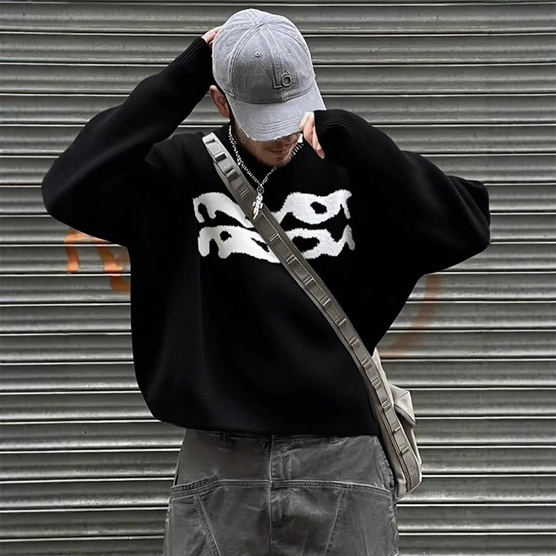 Threebooy  New American Trendy Men Sweater High Street Graffiti Printed Knit O Neck Long Sleeve Pullover Casual Loose High Street Knitwear
