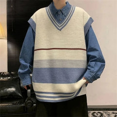 Threebooy Preppy Style V-neck Sweater Vest Men's Loose Sleeveless Sweater Vest Korean Fashion Striped Print Tops