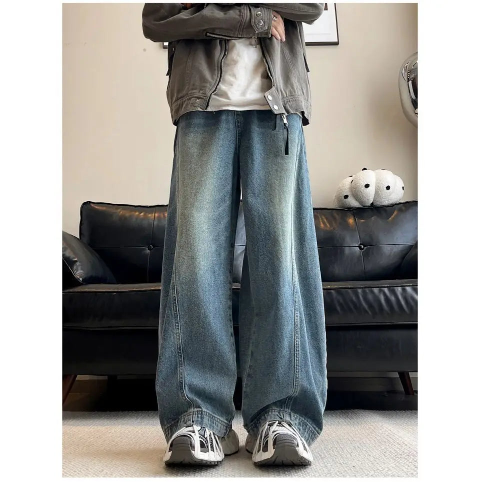 Threebooy American style personality trend men and women straight leg spring and autumn washed jeans couple loose retro casual pants y2k
