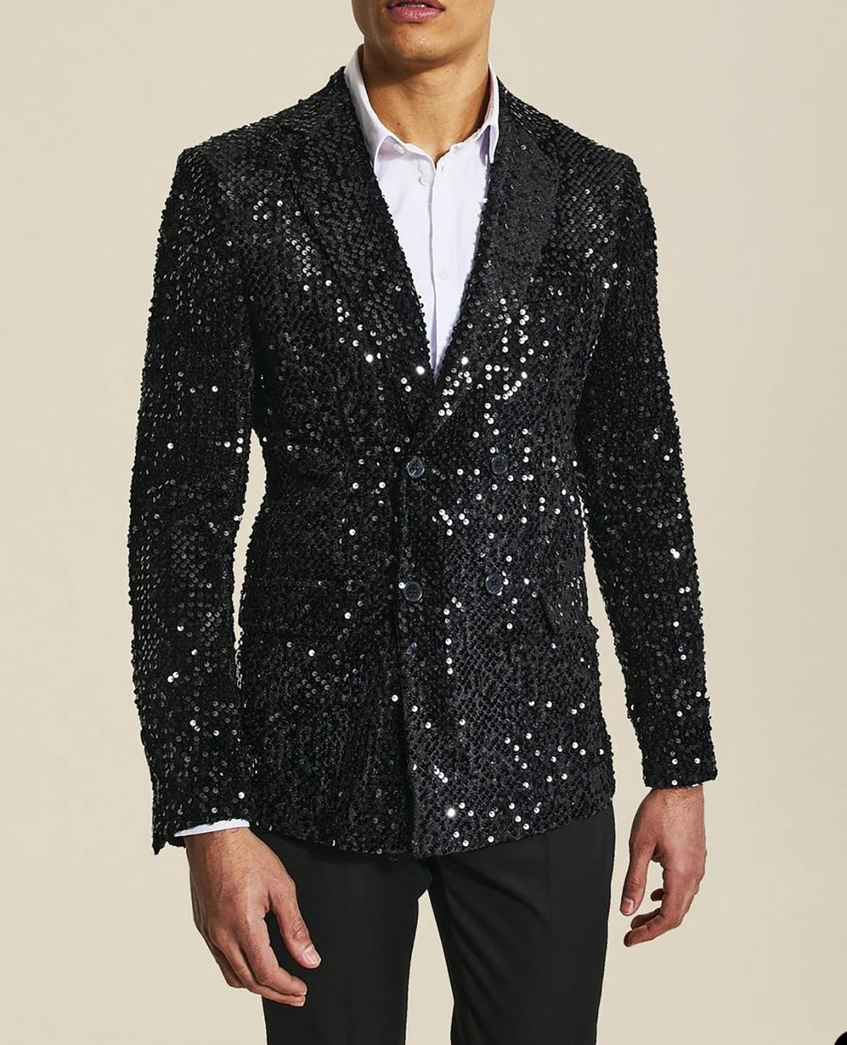 Threebooy  Black Men Suits 2 Pieces Shiny Sequins Blazer Black Pants Double Breasted Modern Wedding Groom Formal Work Party Causal Tailored