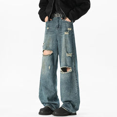 Threebooy NEW Baggy jeans man Frayed Damaged Hole Baggy Wide Leg Jeans for Men and Women Streetwear Casual Ropa Hombre Denim Trousers