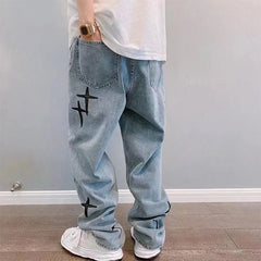 Threebooy Print Embroidery Jeans Men Vintage Casual Loose Wide Leg Baggy Man Trousers 2024 Spring Summer Fashion Hip Hop Male Cargo Pant