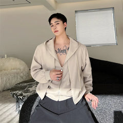 Threebooy Korean Spring Streetwear Hooded Sweatshirt Casual Fake Two Piece Jacket Solid Color Double Zippers Male Clothing Spring