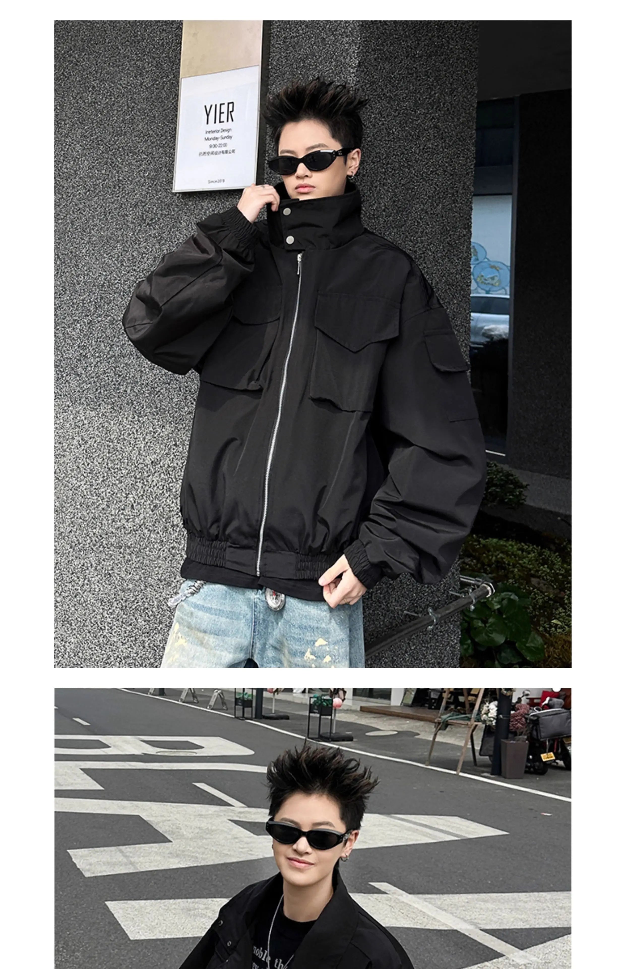Threebooy Outdoor Work Jacket Men's Spring Autumn American Retro Zipper Coat Silhouette Bomber Handsome High Street Flying Work Jacket
