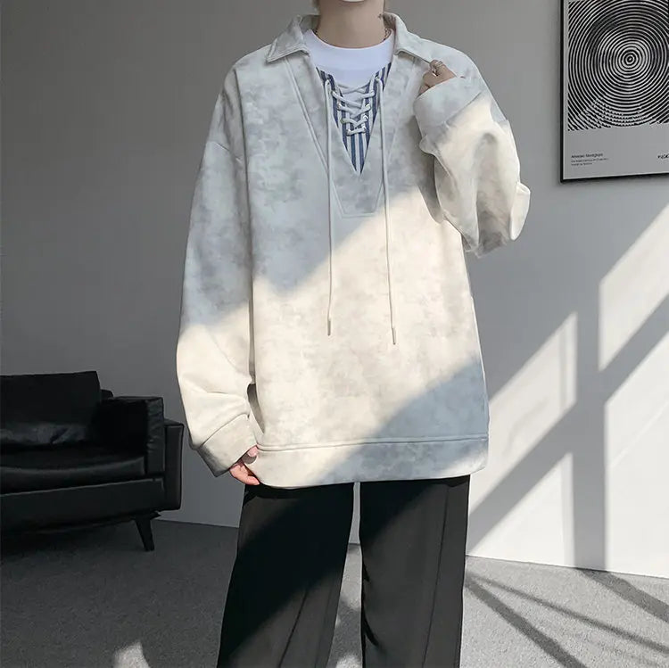 Threebooy Collar Sweatshirt Mens Layered V Neck Pullover Fake Two Piece Streetwear Casual Hoodie Jacket Fall 2025 New Tie Dye Design