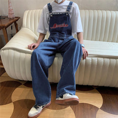 Threebooy Loose Printed Letters Jeans Blue Overalls Men's Oversize Casual Hiphop Straight Wide-leg Pants Four Seasons Work Denim Trousers