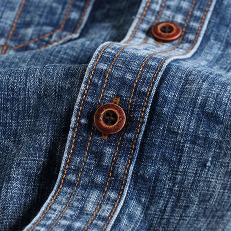 Threebooy  Retro Male Cargo Snowflake Washed Distressed Denim Shirt Chunky Rough Cotton Uniform Light Casual Work Safari Mens Shirts Top