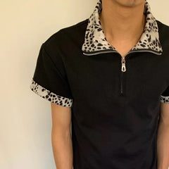 Threebooy  Men Leopard Print Spliced Collar Half-Zip Short Sleeve T-Shirt Streetwear Casual Top Trendy Niche Summer New