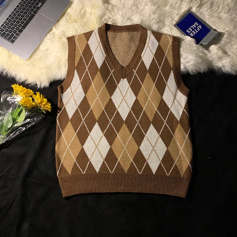 Threebooy  Spring Autumn Diamond Grid Candle Knitted Vest Men Women Loose Pullover Retro Outer Sleeveless Sweater Vest Aesthetic