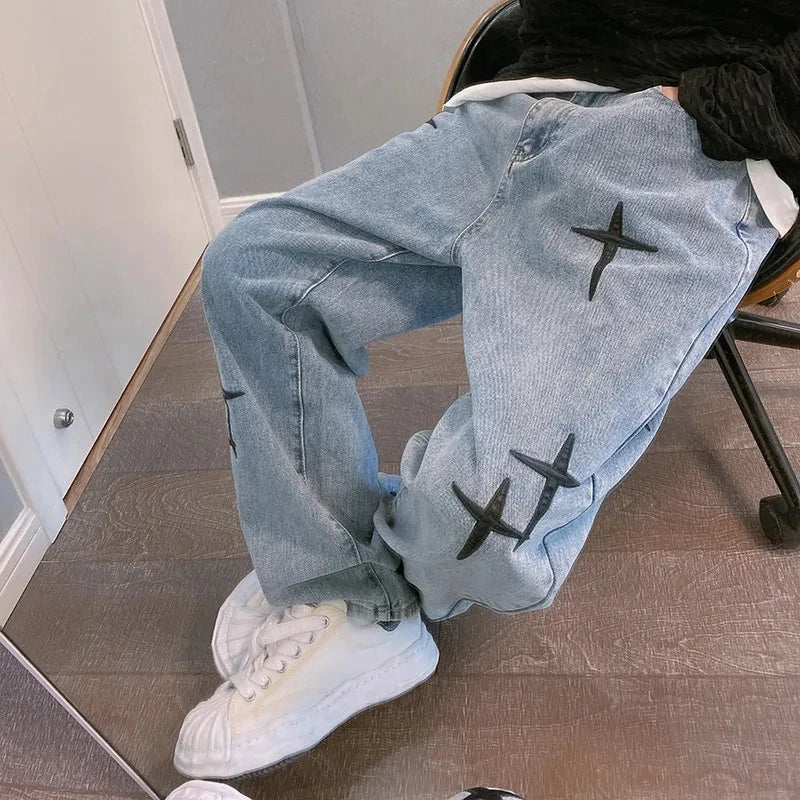 Threebooy  Prints Jeans Men New Streetwear Baggy Wide Leg Jeans Mens Streetwear Denim Jogger Pants Baggy Harem Jean Straight Trousers S-3XL