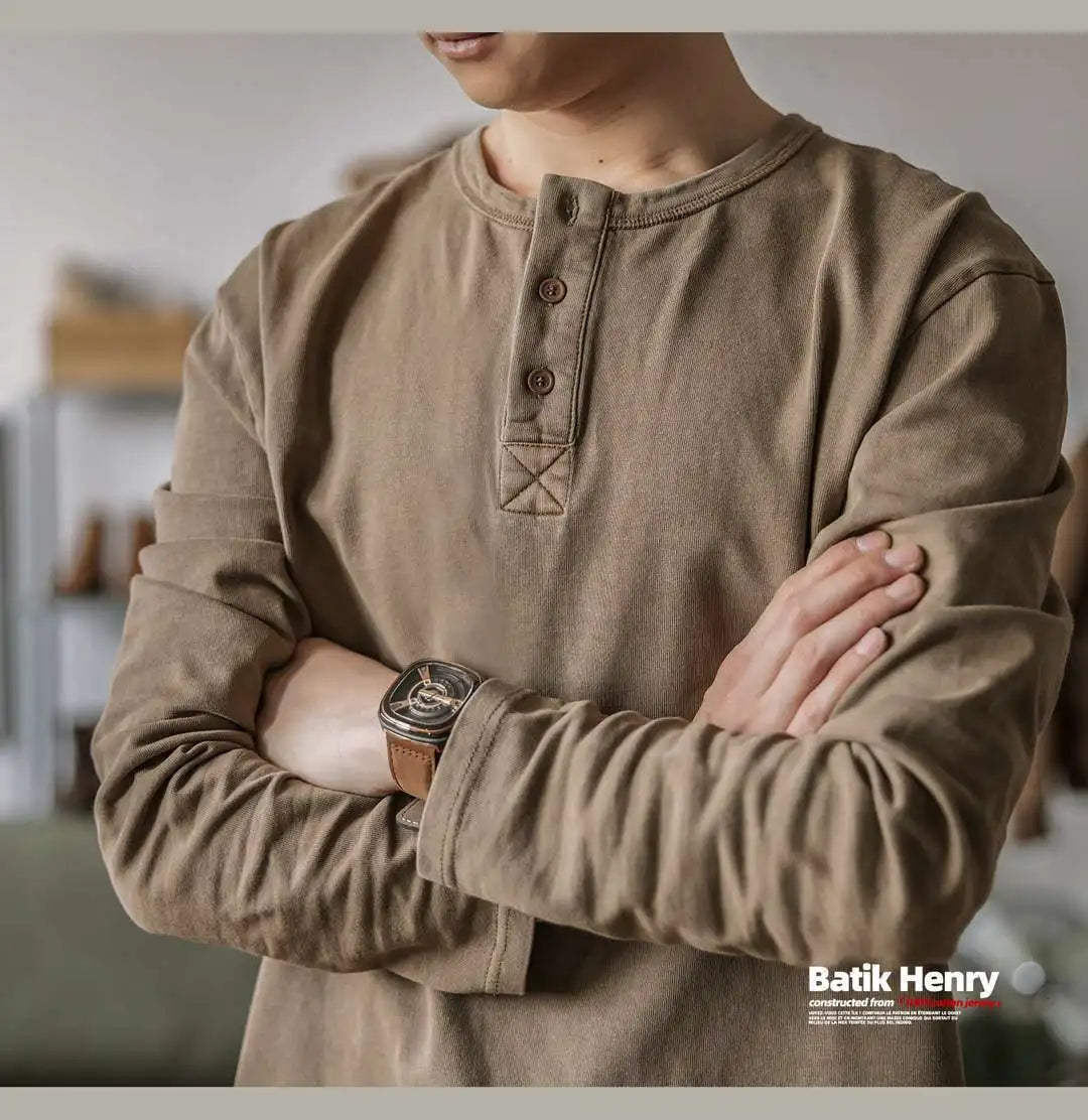 Threebooy American Retro Henry Shirt T-shirt Men's Autumn Large Size Vintage Half Button Blouse High-end Collar Long Sleeve Base Shirt