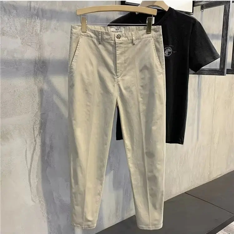 Threebooy New Man Solid Casual Cropped Cargo Suit Pants Fashion Business Elastic Straight Nine Points Pants