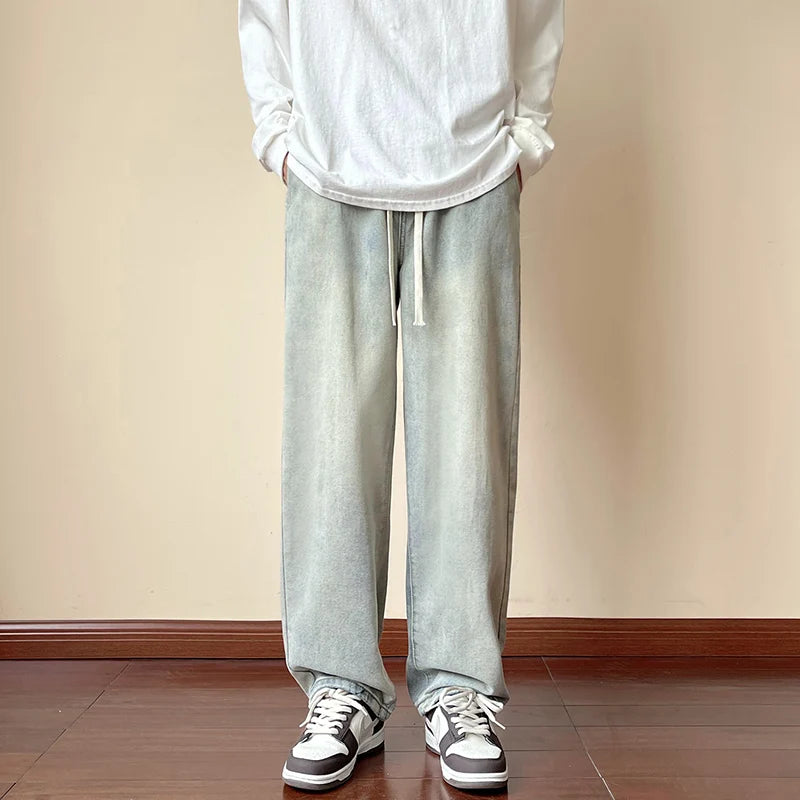 Threebooy  Streetwear Men's Elastic Waist Wide Leg Baggy Jeans Korean Fashion New Autumn Retro Oversize Jeans Male Drawstring Design Pants