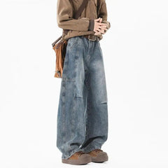 Threebooy Hip hop personality trend men and women straight leg washed jeans American couple loose retro curved knife casual pants y2k