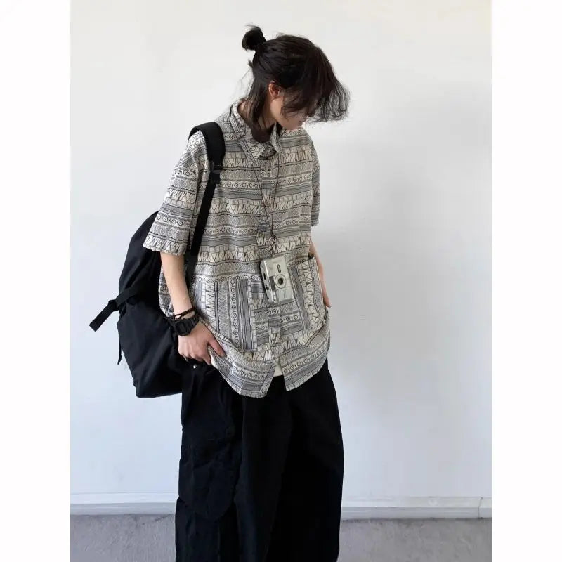 Threebooy Japanese Retro Blouse Loose Ethnic Short-sleeved Shirt Men Women Korean Summer Fashion High-end College Style Versatile Shirt