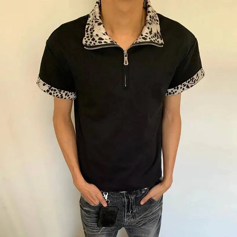 Threebooy  Men Leopard Print Spliced Collar Half-Zip Short Sleeve T-Shirt Streetwear Casual Top Trendy Niche Summer New