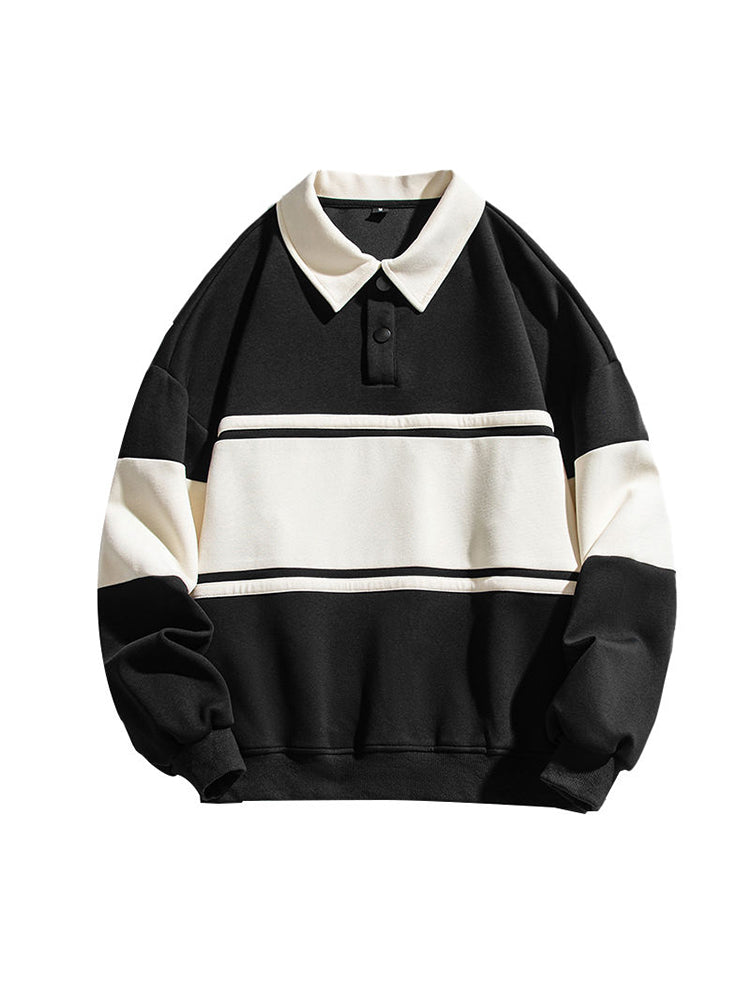 Threebooy American Retro Lapel Shirt Color Contrast Button Sweatshirt Men Women Preppy Oversize Stripe Turn Down Collar Pullover