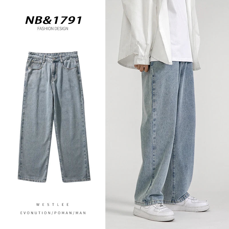 Threebooy  Korean Fashion Men's Baggy Jeans Classic All-match Solid Color Straight-leg Denim Wide-leg Pants Male Light Blue Grey Black