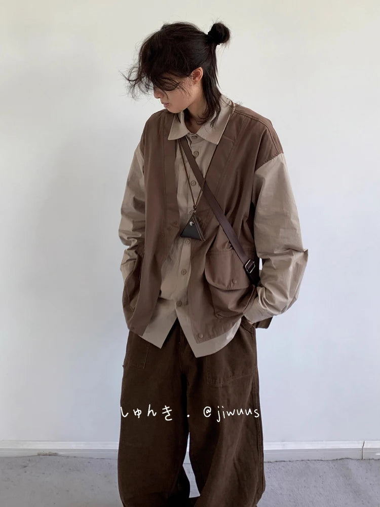 Threebooy  Japanese Style Dressing Retro Fake Two-piece Vest Long-sleeved Work Shirt American Fashion Men Casual Loose Shirt Trendy Jacket