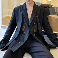 Threebooy Mens See-Through Sexy Lace Splicing Suit Autumn Genderless Youth Trend Personality Retro Metal Chain Buckle Jacket Unisex