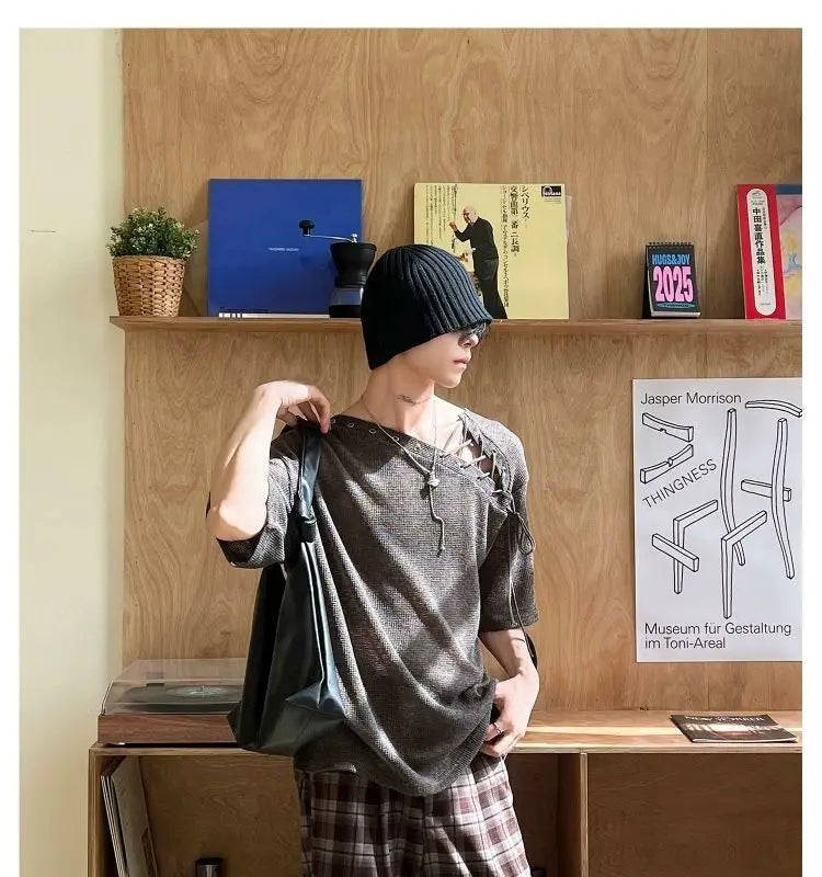 Threebooy Street Punk Shirt Off-shoulder Hollow T-shirt American 2025 New High-end Style Fashionable Casual Loose Short Sleeves