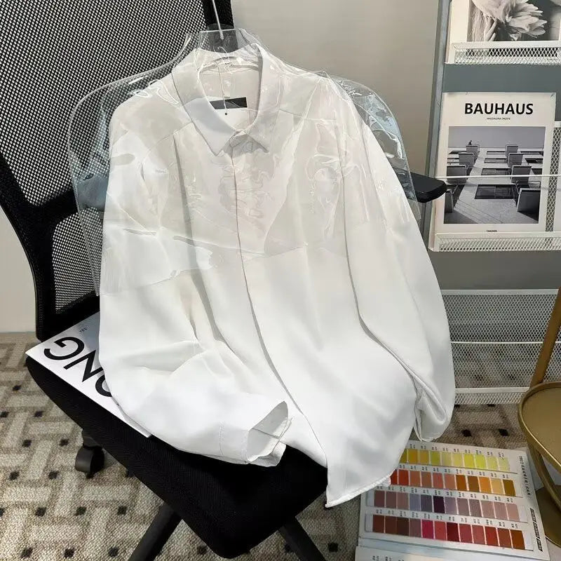 Threebooy Korean High-end Long-sleeved Shirt Men's Solid Color High-end Droop Top Spring and Autumn Loose Handsome Shirt Chic Streetwear