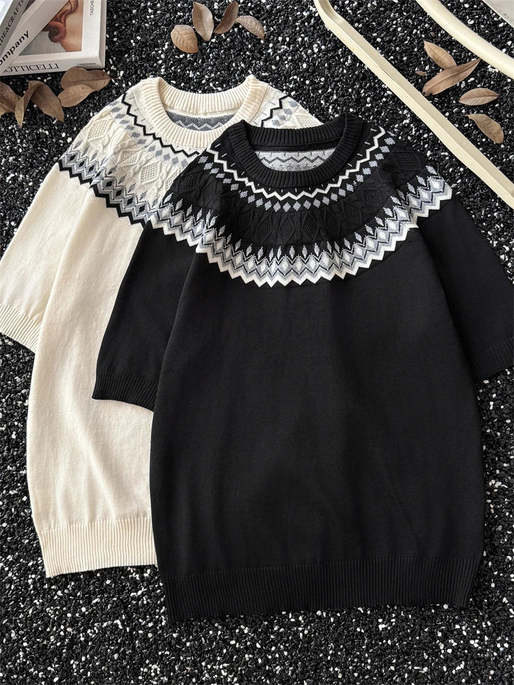 Threebooy American Retro Knitted Shirt Unisex Short-sleeved Pullover Men's Korean Summer High-end Twisted T-shirt Front Shoulder Sweater