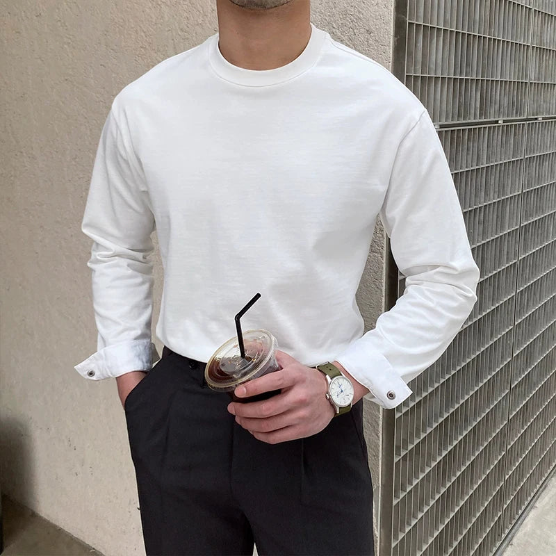 Threebooy  New Autumn Fashion Men T-shirt Light Luxury Solid Color Long Sleeve Tops Leisure Streetwear Casual O Neck Basic Shirts M-3XL