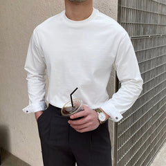 Threebooy  New Autumn Fashion Men T-shirt Light Luxury Solid Color Long Sleeve Tops Leisure Streetwear Casual O Neck Basic Shirts M-3XL