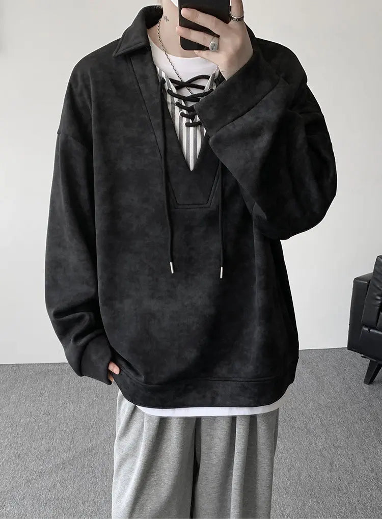 Threebooy Collar Sweatshirt Mens Layered V Neck Pullover Fake Two Piece Streetwear Casual Hoodie Jacket Fall 2025 New Tie Dye Design