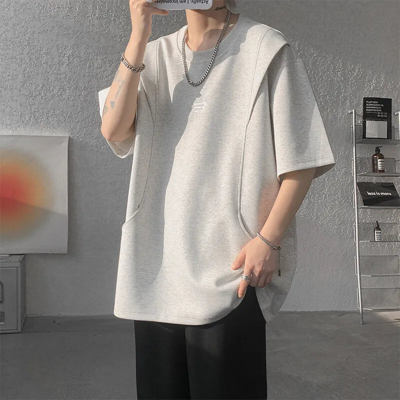 Threebooy  t shirt Men Loose Fit Crew Neck T-Shirt Solid Streetwear Urban Casual Patchwork Design Trendy Hip Hop Tee man 2024 Fashion