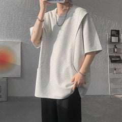 Threebooy  t shirt Men Loose Fit Crew Neck T-Shirt Solid Streetwear Urban Casual Patchwork Design Trendy Hip Hop Tee man 2024 Fashion
