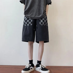 Threebooy New Summer Men's Stitching Plaid Short Jeans Korean Fashion Streetwear Blue Baggy Denim Shorts Wide Leg Large Pocket Shorts