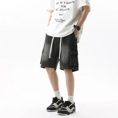 Threebooy  Summer Men's Workwear Denim Shorts Retro Fashion Elastic Waist Loose Straight Leg  Large Pocket Shorts Brand Men's Clothing