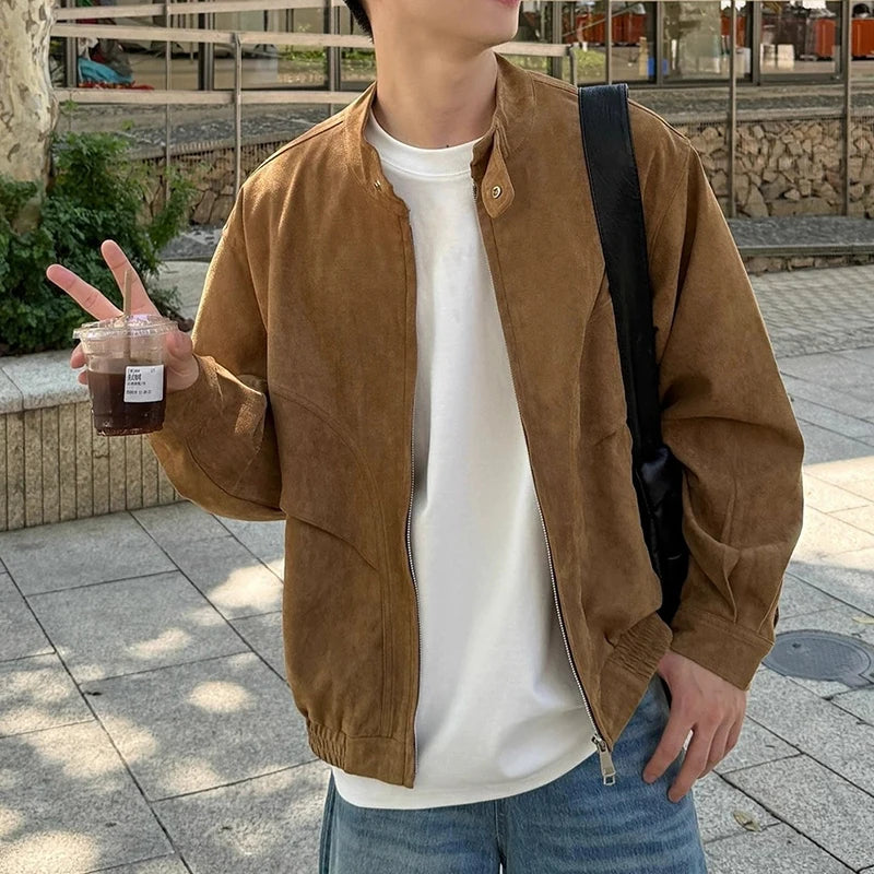 Threebooy Khaki Cargos Stand Collar Jackets Men's Japanese Retro Streetwear Fashion Solid Color Zipper Long Sleeve Coats Autumn Clothing