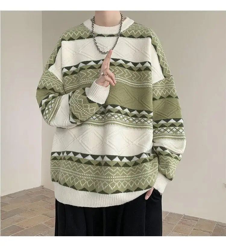 Threebooy Autumn and Winter Round Neck Sweater for Men Casual Trendy Brand Streamer Lazy Style Contrast Striped Knitted Sweater