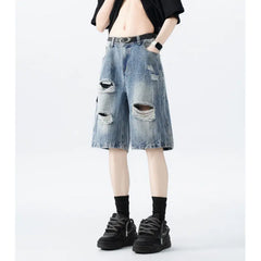 Threebooy  Distressed Denim Shorts mens Ripped Pocket Streetwear Summer Fashion Trendy Urban Vintage Casual Women Men Comfort Stylis