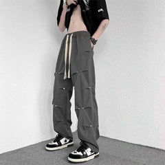 Threebooy Baggy Cargo Pants Men Streetwear Y2k Trousers New Rivet Pleated Casual Pants Wide Leg Muti-Pockets Grey Black Fashion Clothing