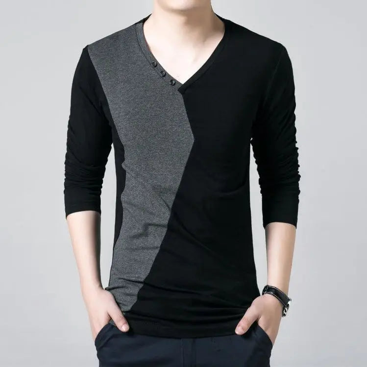 Threebooy  New Spring and Autumn Fashion Trend V-neck Panel Contrast Color Fashion Warmth Oversized Slim Fit Men's Bottom Shirt