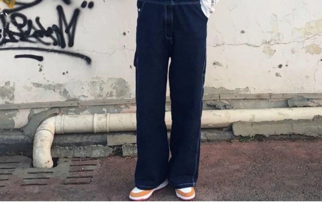 Threebooy American Retro Large Size Denim Overalls Men's Loose Trend Korean Style Fashion 2025 New High-end Straight Suspender Jumpsuit