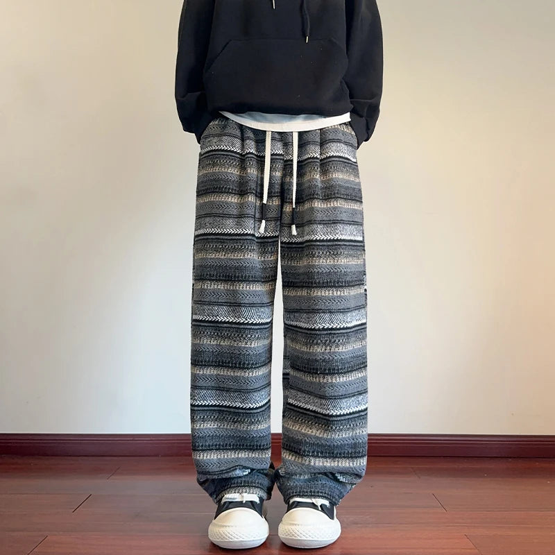 Threebooy Autumn Woolen Pants Men Fashion Retro Stripe Pants Men Streetwear Hip-hop Loose Wide Leg Pants Mens Vintage Trousers Large Size