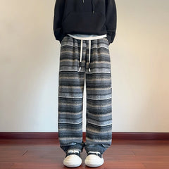 Threebooy Autumn Woolen Pants Men Fashion Retro Stripe Pants Men Streetwear Hip-hop Loose Wide Leg Pants Mens Vintage Trousers Large Size