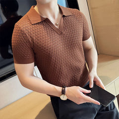 Threebooy New Trend Men Hollow Out Polo Shirt Light Luxury Popular Slim-fit V Neck T-shirt Leisure Short Sleeve Solid Color Retro Knitwear