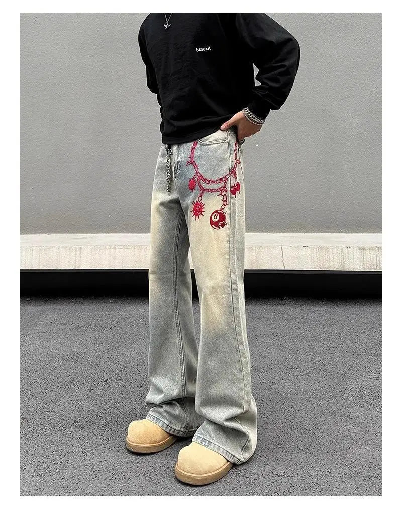 Threebooy American retro men and women trend personalized embroidered straight leg washed jeans couple spring and autumn casual pants y2k