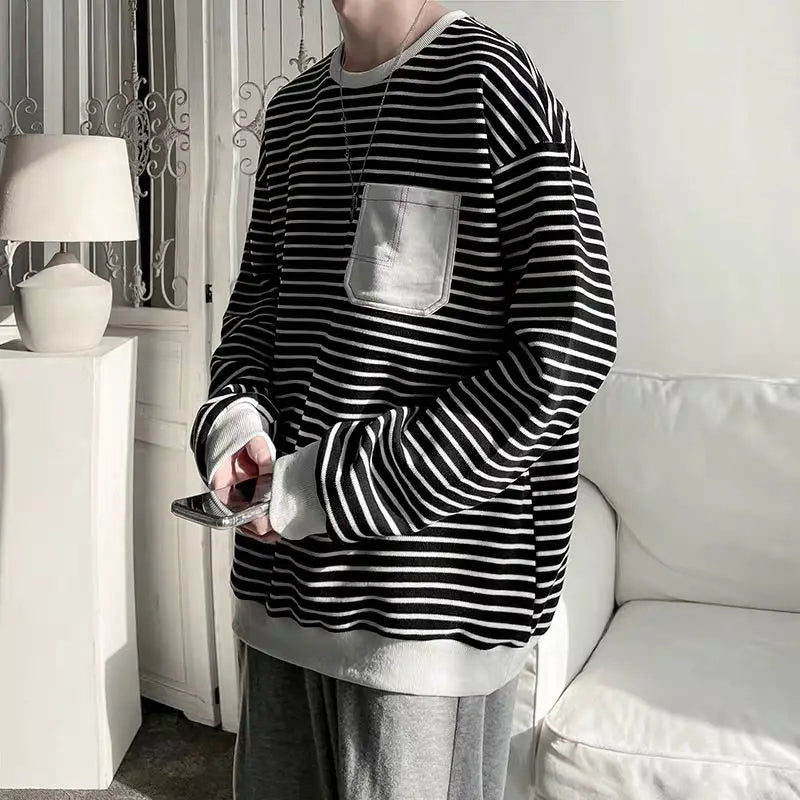 Threebooy Men Trendy Striped Patchwork Streetwear Y2K Oversize Basic T-shirt Japanese Style Round Neck Long Sleeve Cotton Tops Ropa Hombre